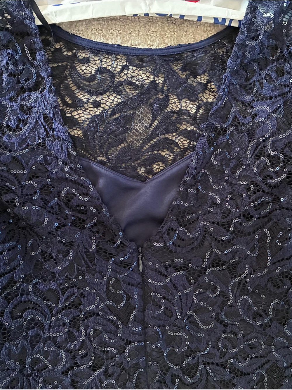 MARINA Navy Sequin Lace Dress - Picture 11 of 13